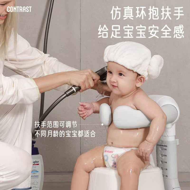 Standing shower stand with foldable baby and toddler bathtub