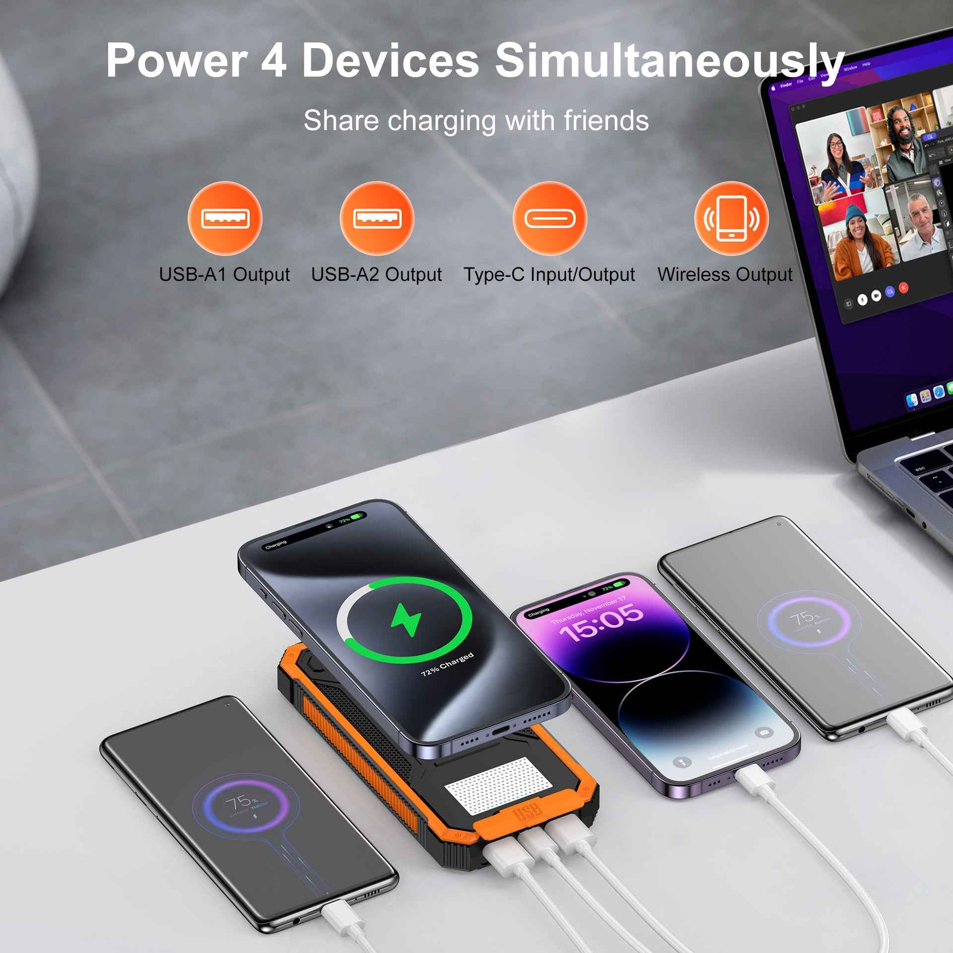Wireless charging solar power bank