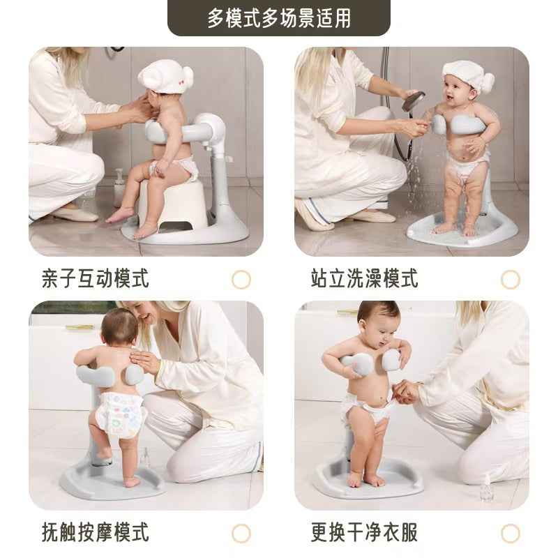 Standing shower stand with foldable baby and toddler bathtub