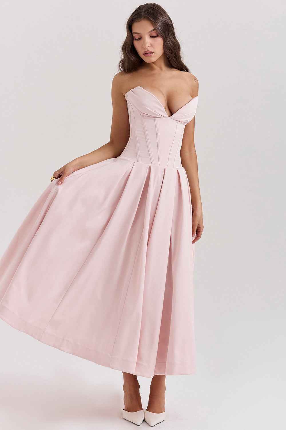 Elegant Blush Strapless Sweetheart Midi Dress