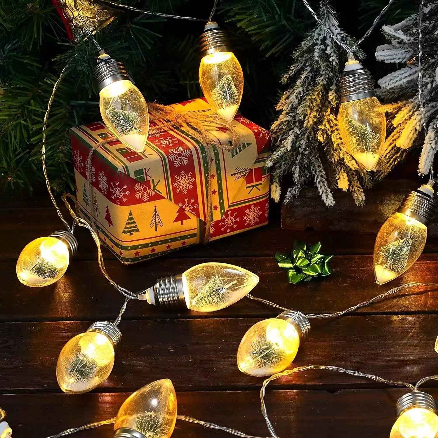 Christmas Vintage Decor String Lights Snow Globe Bulbs with Tree Snow Ornaments for Home Patio Fireplace Xmas Tree Decoration