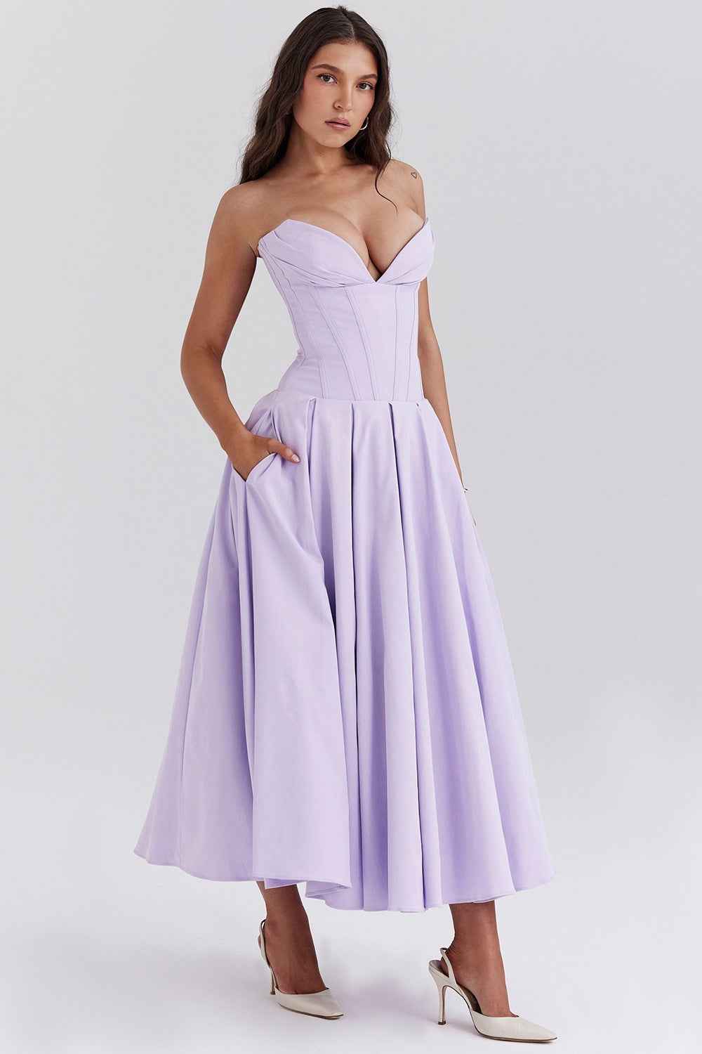 Elegant Blush Strapless Sweetheart Midi Dress