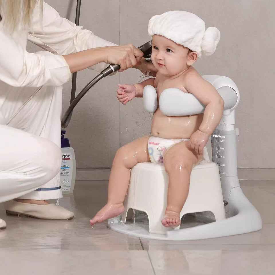 Standing shower stand with foldable baby and toddler bathtub