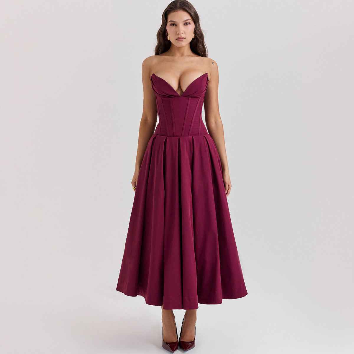Elegant Blush Strapless Sweetheart Midi Dress